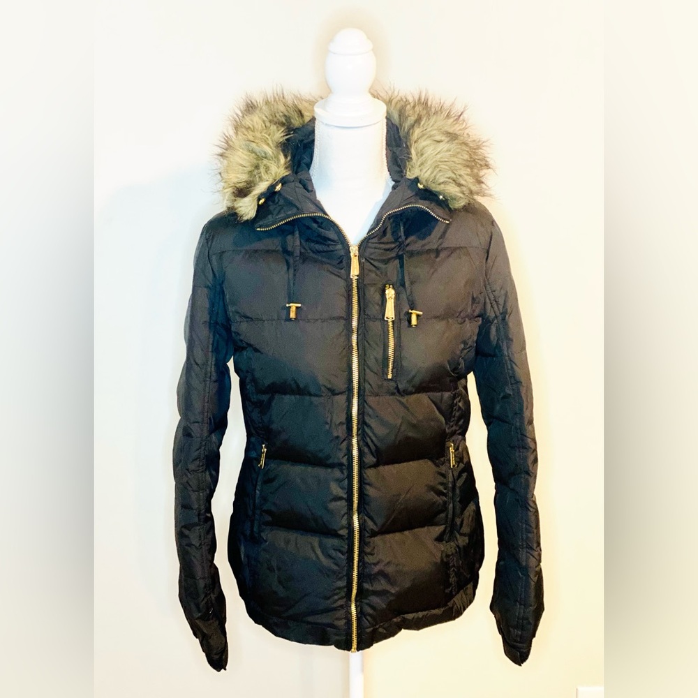 Michael Kors Down Puffer Coat Hooded Faux Fur Winter Jacket Black Medium